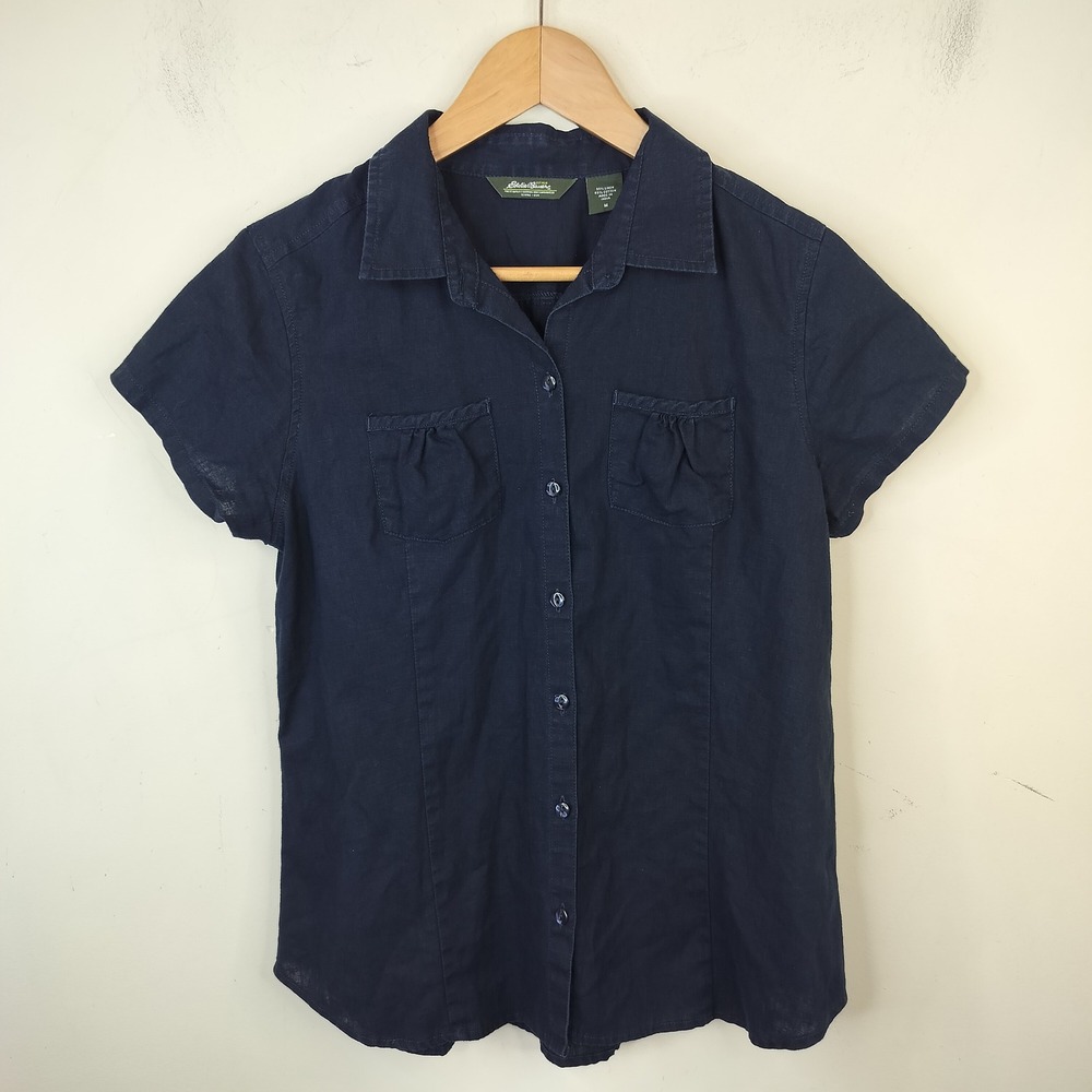 Eddie Bauer Button Down Medium Linen Cotton Short Sleeve Casual Navy Blue